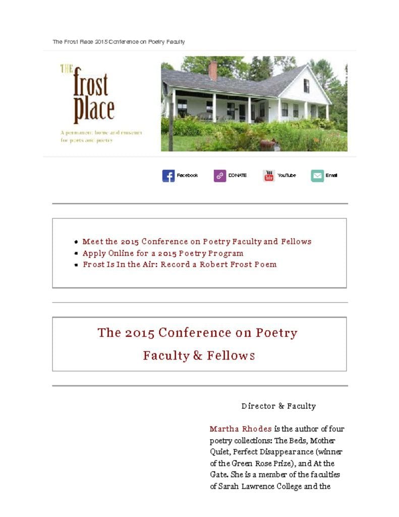 The Frost Place Newsletter Conference on Poetry Writing Faculty
