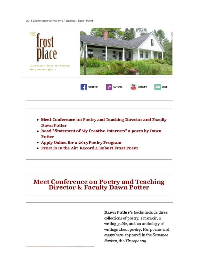 The Frost Place newsletter Dawn Potter