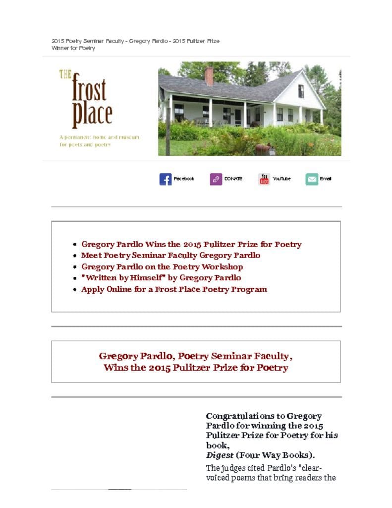 The Frost Place Newsletter Poetry Writing Conference Pulitzer Prize Winning Faculty Gregory Pardlo