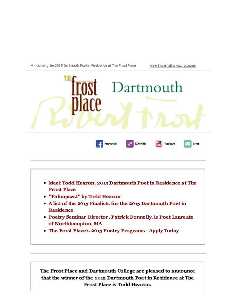 The Frost Place Newsletter Dartmouth Poet in Residence Todd Hearon
