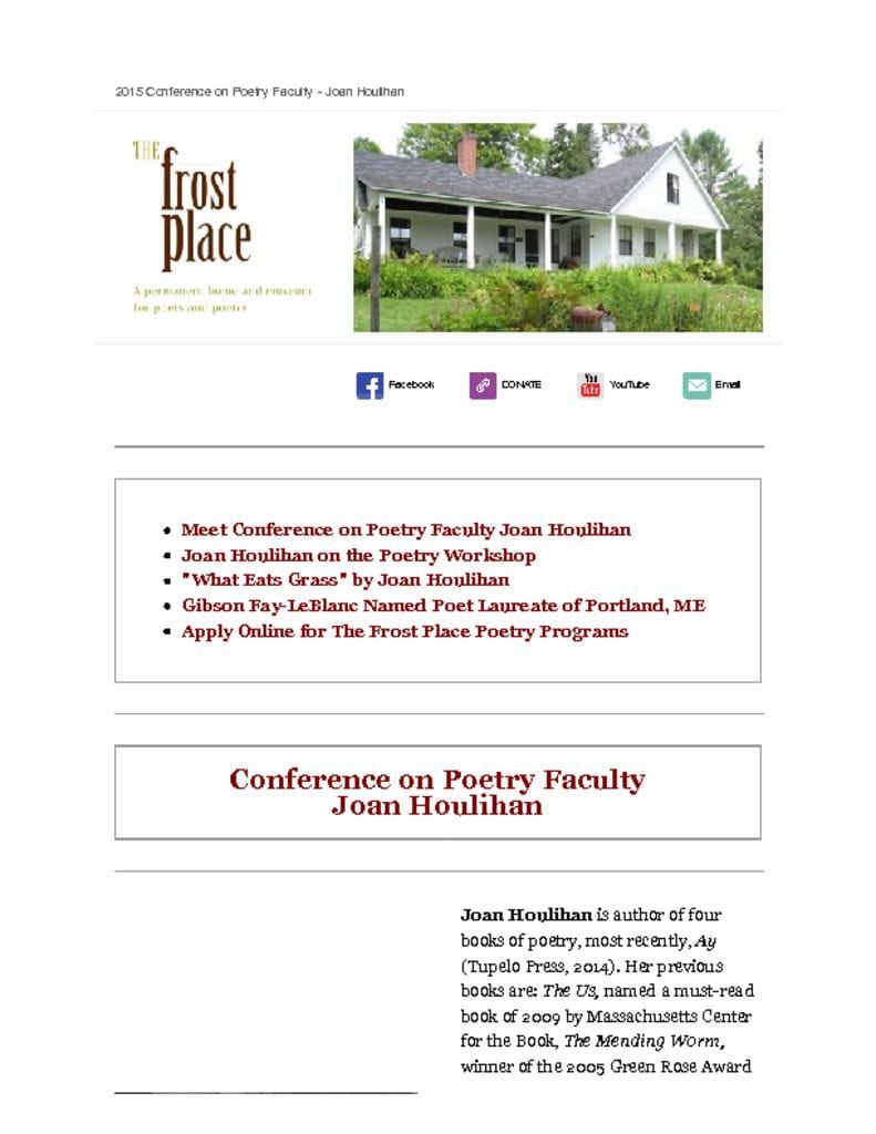 The Frost Place Newsletter Joan Houlihan Poetry Writing Faculty