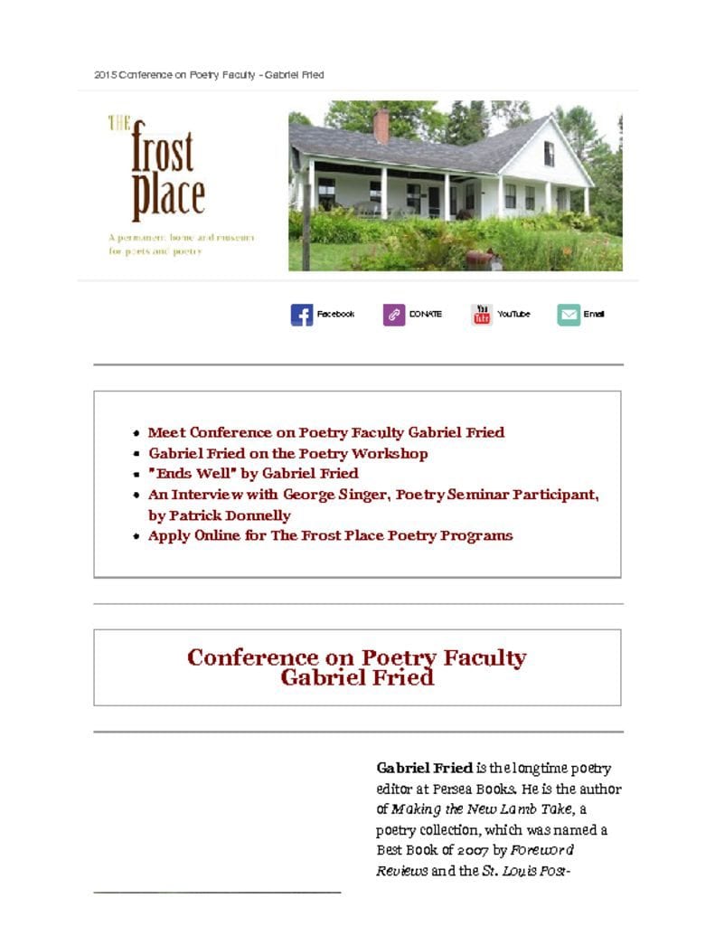The Frost Place Newsletter Gabriel Fried Conference on Poetry