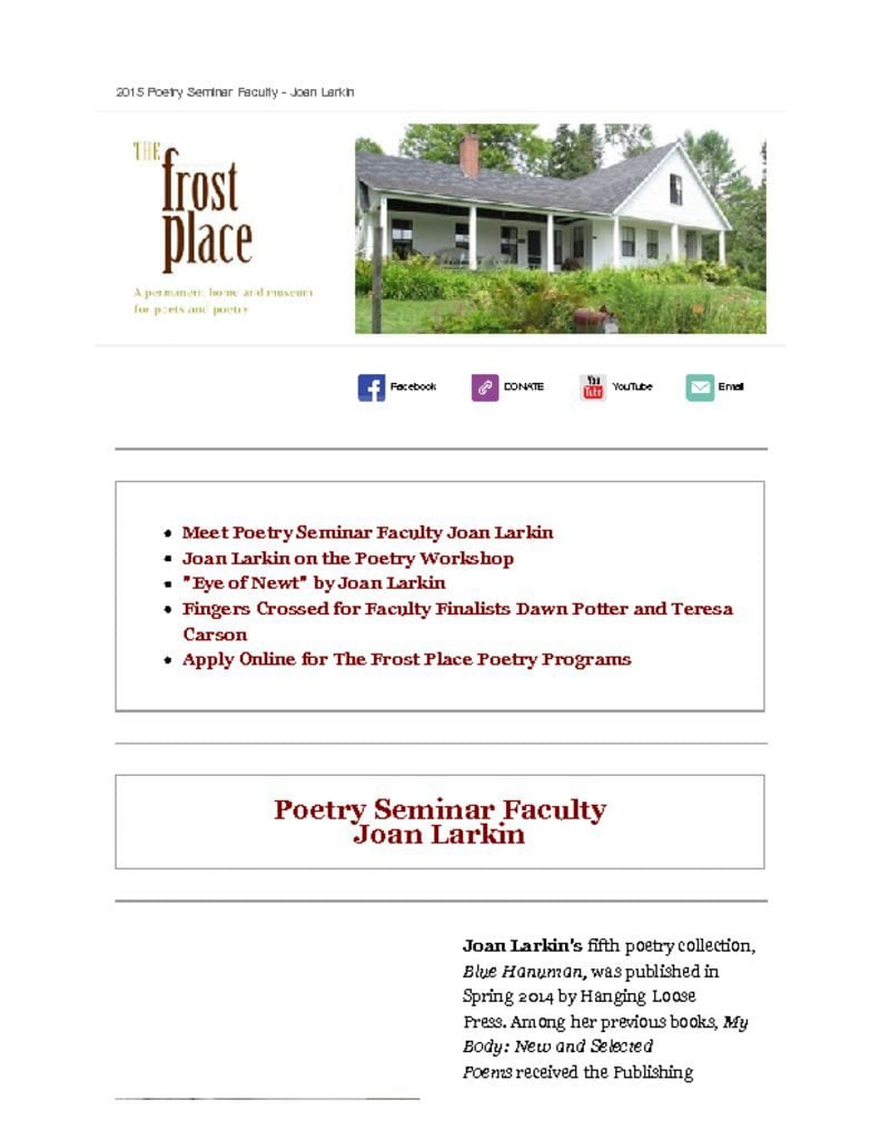 The Frost Place Newsletter Conference on Poetry Joan Larkin