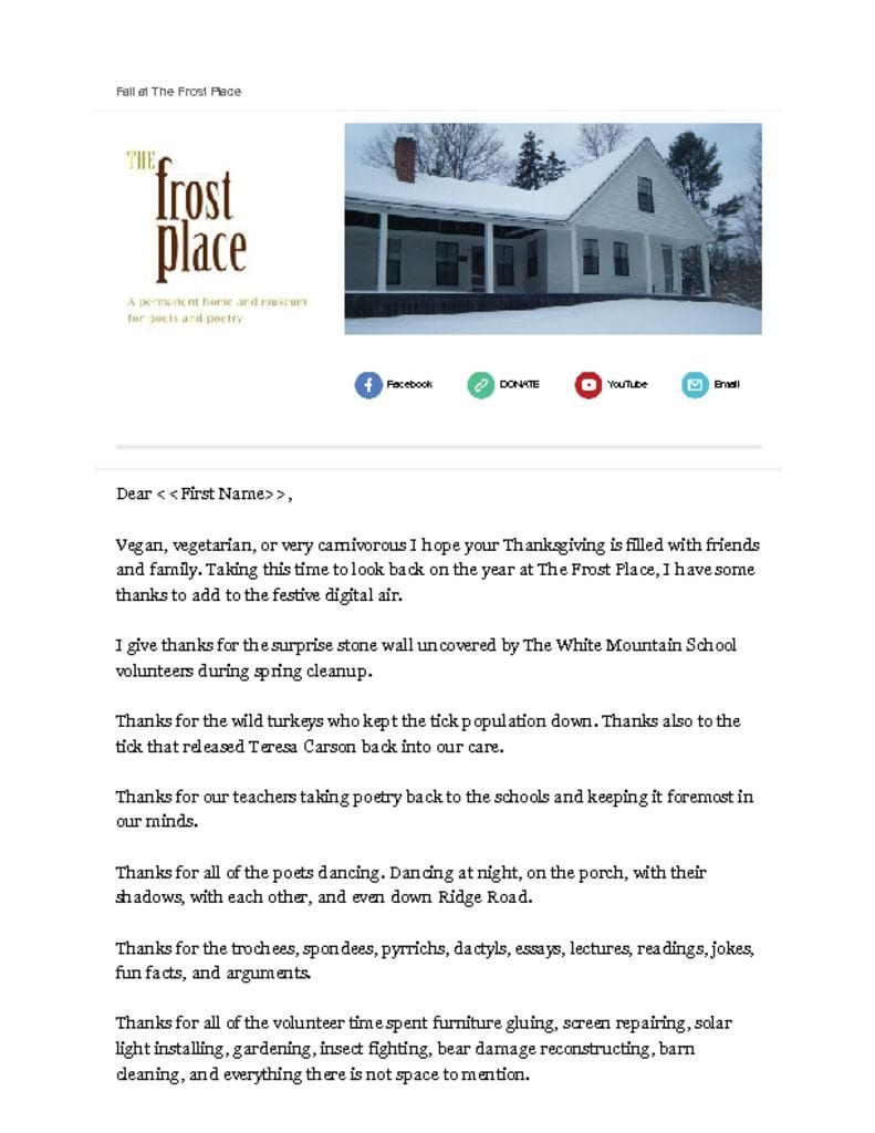 The Frost Place Newsletter Thanksgiving 2015
