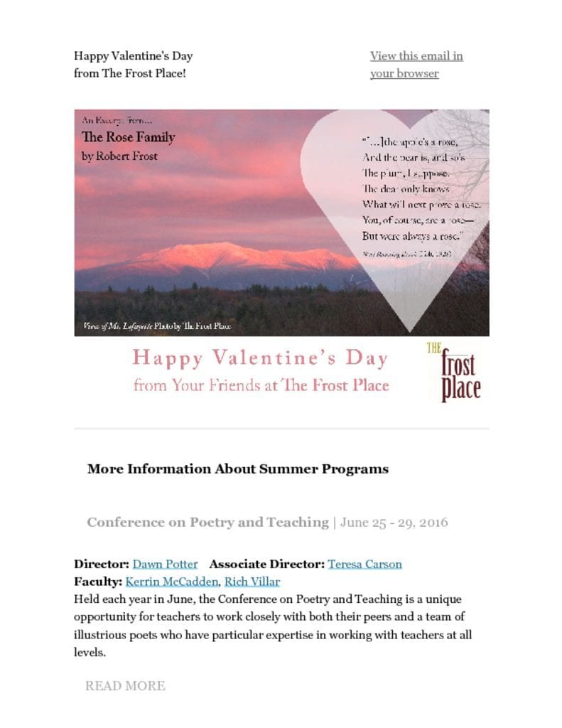 The Frost Place Newsletter Valentine’s Day