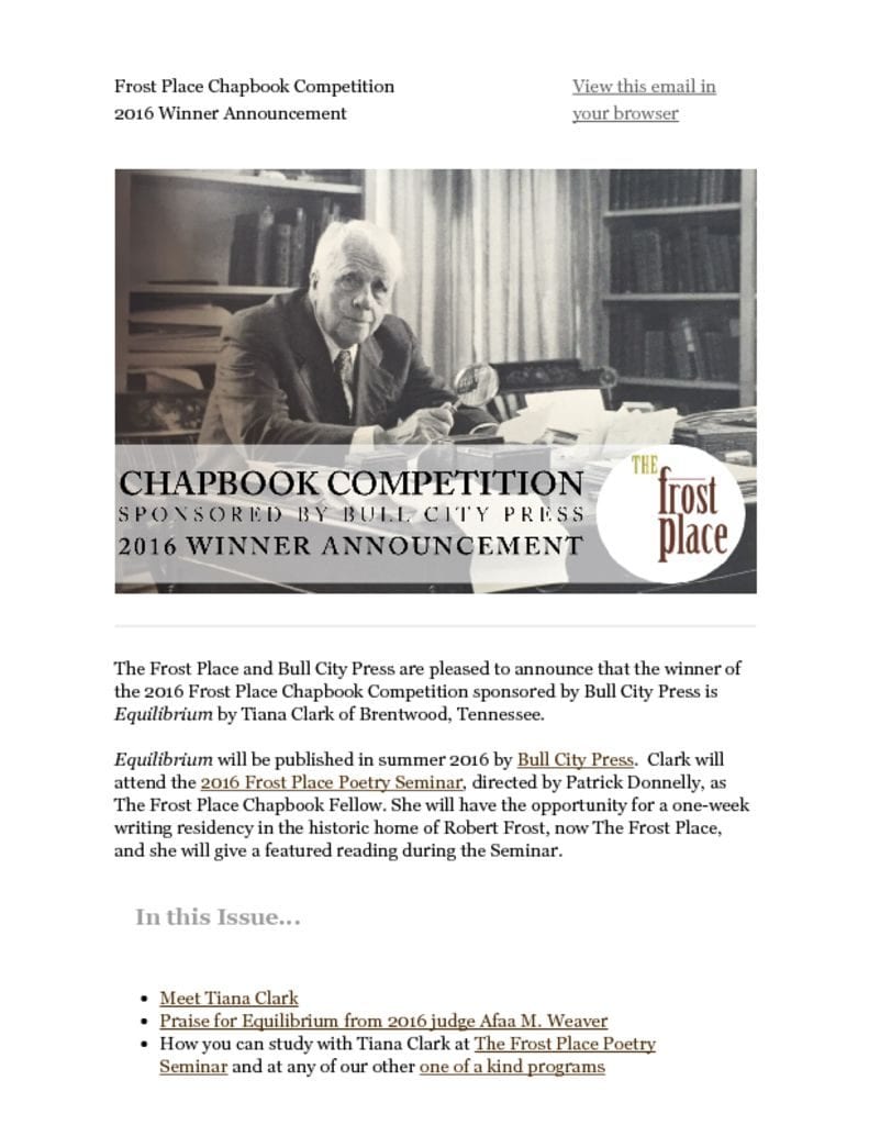 The Frost Place Chapbook Competition Bull City Press Tiana Clark