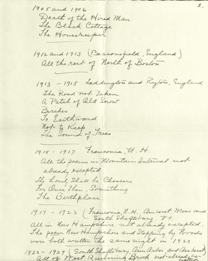 Elinor Frost's handwritten document, detailing the dates and location of Robert Frost's writings. Many thanks to our docent, Mark Roberts, for finding a reference to this document, and to the Beinecke Library at Yale University for archiving it and sharing these images.