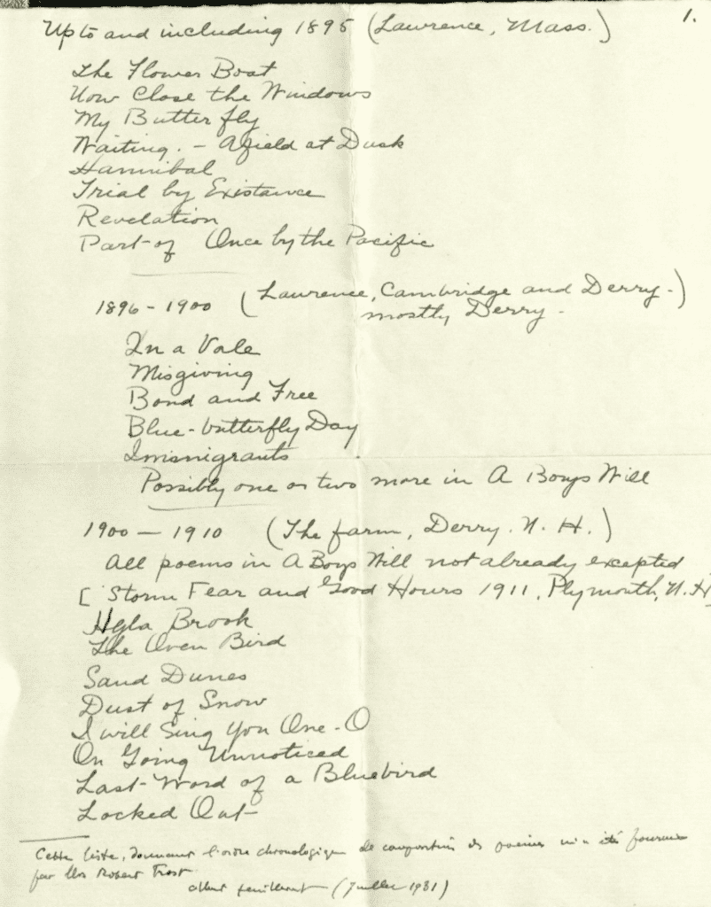 Elinor Frost's handwritten document, detailing the dates and location of Robert Frost's writings.
Many thanks to our docent, Mark Roberts, for finding a reference to this document, and to the Beinecke Library at Yale University for archiving it and sharing these images.