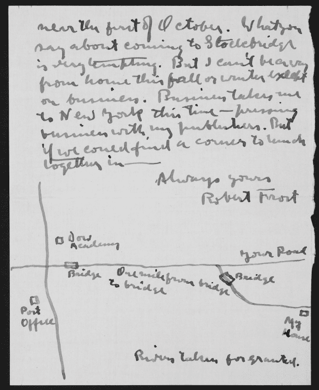 Image of a portion of a handwritten letter with directions mapped to his Franconia NH home.